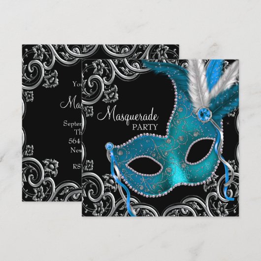 Blauwgroen Blauw Zwart Masquerade Party Kaart (Voorkant / Achterkant)