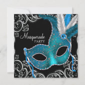 Blauwgroen Blauw Zwart Masquerade Party Kaart (Voorkant)