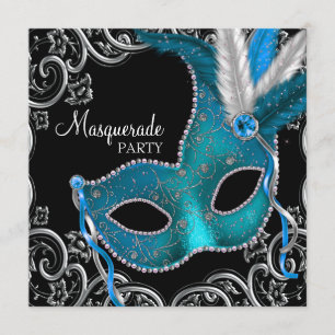 Blauwgroen Blauw Zwart Masquerade Party Kaart