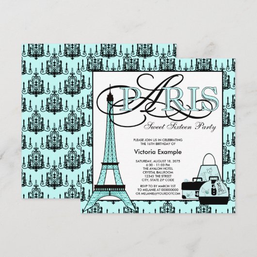 Blauwgroen Blauw Zwart Paris Sweet 16 Verjaardagsf Kaart (Voorkant / Achterkant)