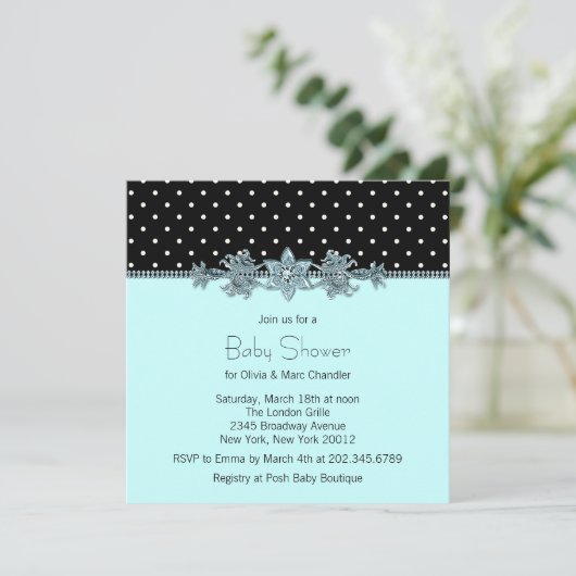 Blauwgroen Blauw Zwart Polka Dot Baby shower Kaart (Staand voorkant)