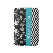 Blauwgroen blauw zwart-wit Chevron & Floral Patter Badmat (Voorkant Verticaal)