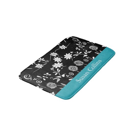 Blauwgroen blauw zwart-wit Floral Patroon Badmat (Gekanteld)