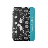 Blauwgroen blauw zwart-wit Floral Patroon Badmat (Voorkant Verticaal)