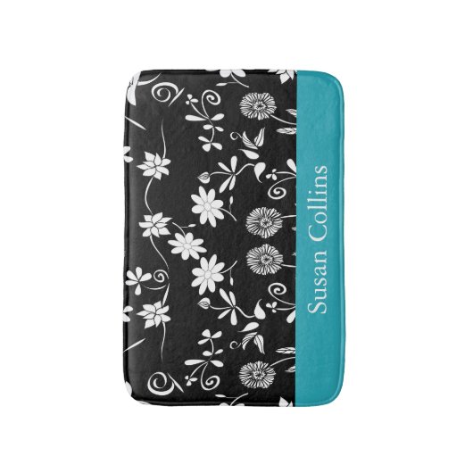 Blauwgroen blauw zwart-wit Floral Patroon Badmat (Voorkant Verticaal)