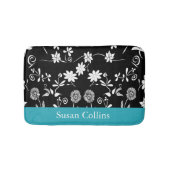 Blauwgroen blauw zwart-wit Floral Patroon Badmat (Voorkant)