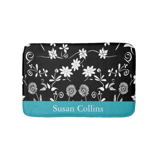 Blauwgroen blauw zwart-wit Floral Patroon Badmat (Voorkant)