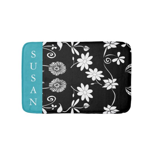 Blauwgroen blauw zwart-wit Floral Patroon Badmat (Voorkant)