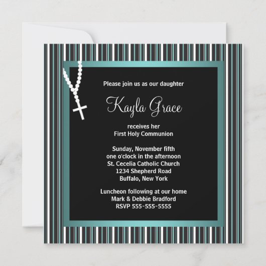 Blauwgroen Blauw Zwart Wit Rozenkrans Meisjes Eers Kaart (Achterkant)