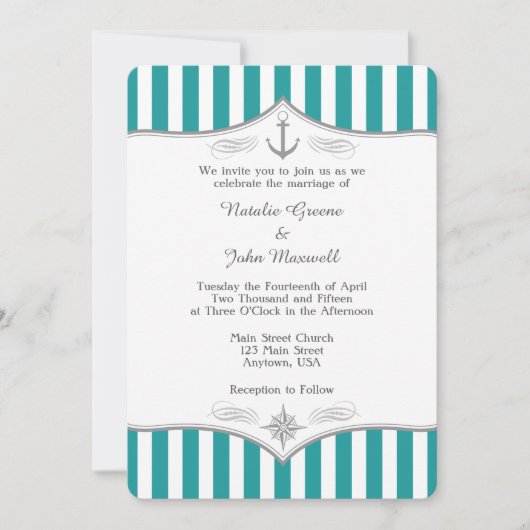 Blauwgroen blauwe Aqua Gray Notical Wedding Uitnod Kaart (Voorkant)