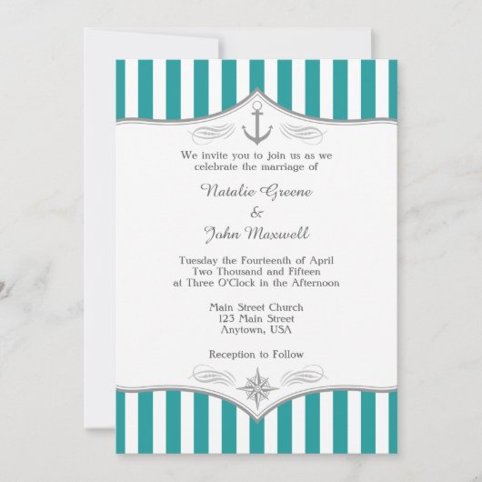 Blauwgroen blauwe Aqua Gray Notical Wedding Uitnod Kaart (Voorkant)
