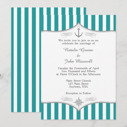 Blauwgroen blauwe Aqua Gray Notical Wedding Uitnod Kaart (Voorkant / Achterkant)