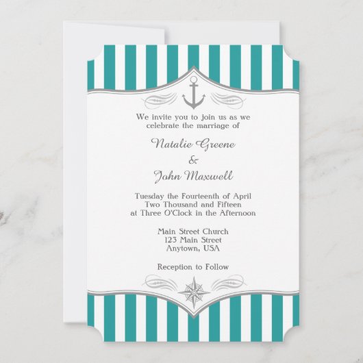 Blauwgroen blauwe Aqua Gray Notical Wedding Uitnod Kaart (Voorkant)