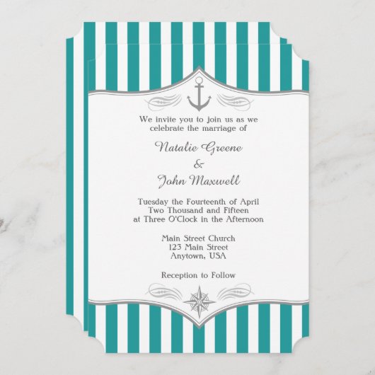 Blauwgroen blauwe Aqua Gray Notical Wedding Uitnod Kaart (Voorkant / Achterkant)