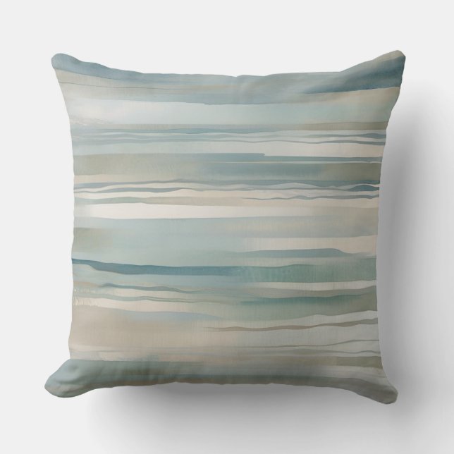 Blauwgroen Blauwe Beige Aqua Ivory Coastal Stripe Kussen (Voorkant)