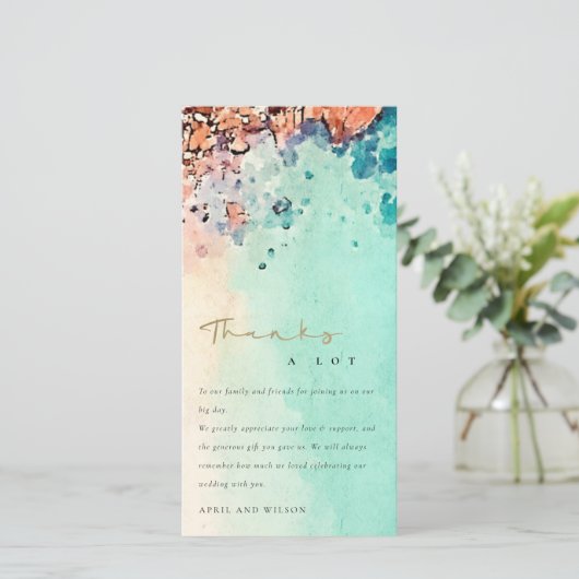 BLAUWGROEN BLAUWE BLAZEN ROCK WATERVERF WEDING BEDANKKAART (Staand voorkant)