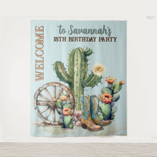 Blauwgroen Blauwe Bloeiende Cactus Laarzen Welkom  Wandkleed (Voorkant)