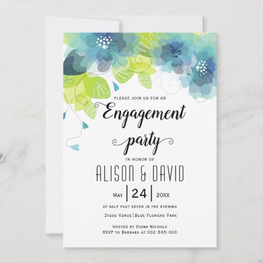 Blauwgroen blauwe bloemen bruiloft kaart (Voorkant)