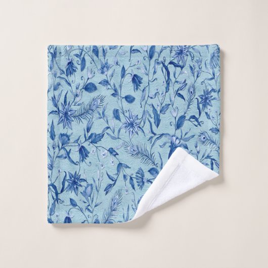 Blauwgroen Blauwe bloemen op een beeldhouwtextuur  Bad Handdoek (Wasdoekje)