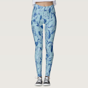 Blauwgroen Blauwe bloemen op een beeldhouwtextuur  Leggings