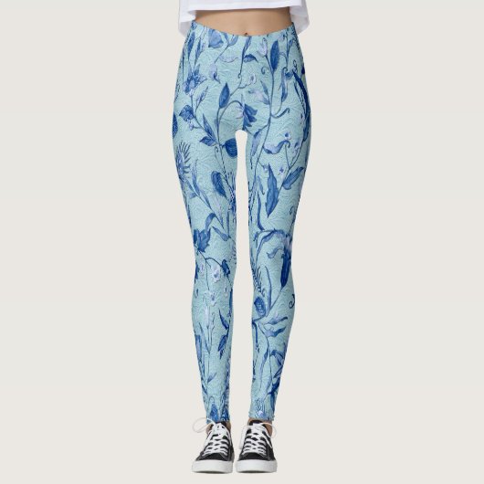 Blauwgroen Blauwe bloemen op een beeldhouwtextuur  Leggings (Voorkant)