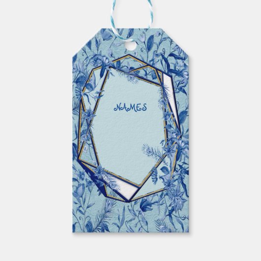 Blauwgroen Blauwe bloemen op een getextureerde ach Cadeaulabel (Voorkant)