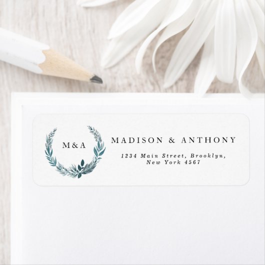 Blauwgroen blauwe botanische reuzenmonogram bruilo etiket (Insitu)