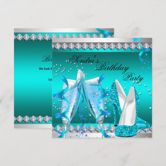 Blauwgroen Blauwe Champagne Glitter Shoes Birthday Kaart (Voorkant / Achterkant)