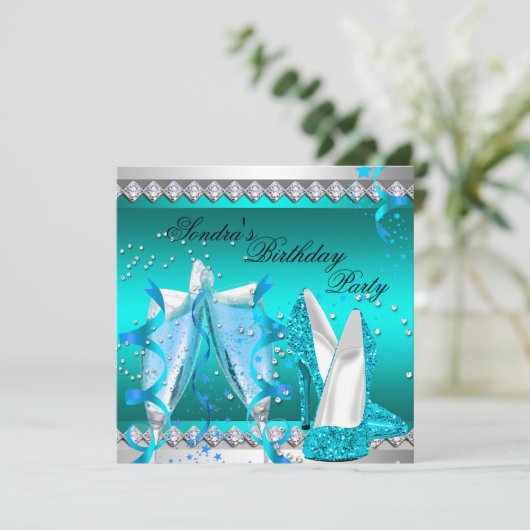 Blauwgroen Blauwe Champagne Glitter Shoes Birthday Kaart (Staand voorkant)