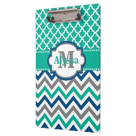 Blauwgroen Blauwe Chevron Quatrefoil Aangepast Klembord (Links)
