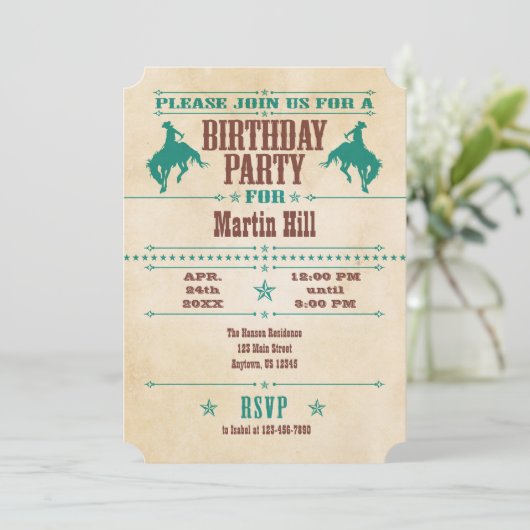 Blauwgroen Blauwe Cowboy Birthday Uitnodiging (Staand voorkant)