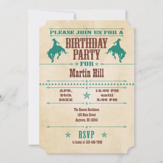 Blauwgroen Blauwe  Cowboy Birthday Uitnodiging (Voorkant)