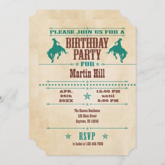 Blauwgroen Blauwe Cowboy Birthday Uitnodiging (Voorkant / Achterkant)