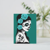 Blauwgroen Blauwe Dag van het Dead Sugar Skull Gir Briefkaart (Staand voorkant)