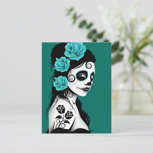 Blauwgroen Blauwe Dag van het Dead Sugar Skull Gir Briefkaart (Staand voorkant)