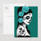 Blauwgroen Blauwe Dag van het Dead Sugar Skull Gir Briefkaart (Voorkant / Achterkant)