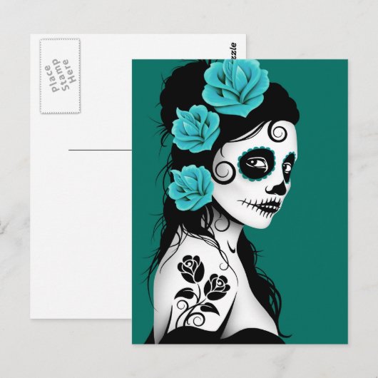 Blauwgroen Blauwe Dag van het Dead Sugar Skull Gir Briefkaart (Voorkant / Achterkant)