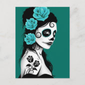 Blauwgroen Blauwe Dag van het Dead Sugar Skull Gir Briefkaart (Voorkant)