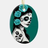 Blauwgroen Blauwe Dag van het Dead Sugar Skull Gir Keramisch Ornament (Achterkant)