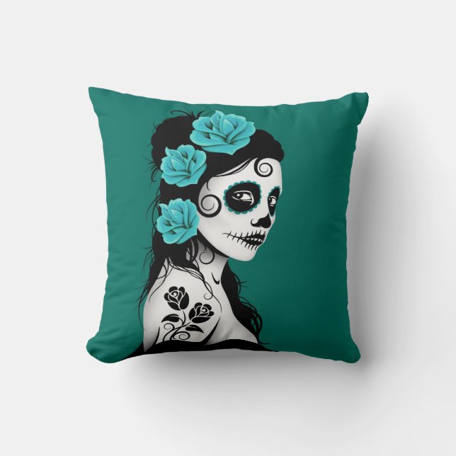 Blauwgroen Blauwe Dag van het Dead Sugar Skull Gir Kussen (Voorkant)