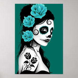 Blauwgroen Blauwe Dag van het Dead Sugar Skull Gir Poster