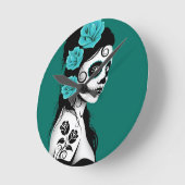 Blauwgroen Blauwe Dag van het Dead Sugar Skull Gir Ronde Klok (Hoek)