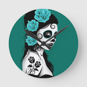 Blauwgroen Blauwe Dag van het Dead Sugar Skull Gir Ronde Klok