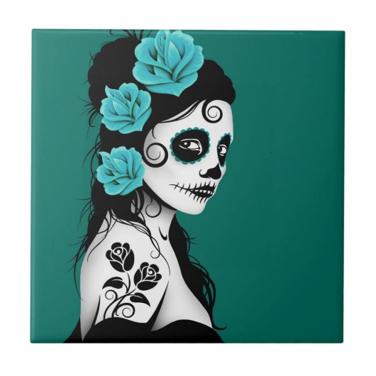 Blauwgroen Blauwe Dag van het Dead Sugar Skull Gir Tegeltje (Voorkant)