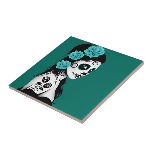 Blauwgroen Blauwe Dag van het Dead Sugar Skull Gir Tegeltje (Zijkant)