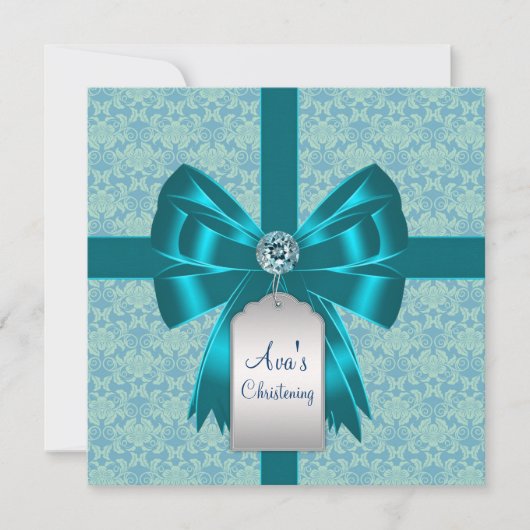 Blauwgroen Blauwe Damask Baby doop doop doopsel Kaart (Voorkant)