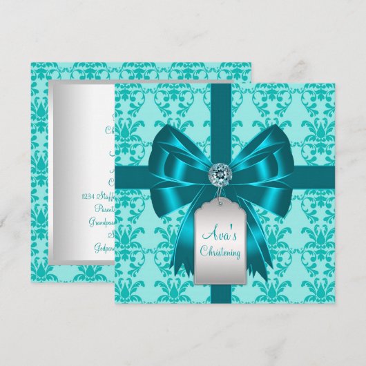 Blauwgroen Blauwe Damask Baby doop doop doopsel Kaart (Voorkant / Achterkant)