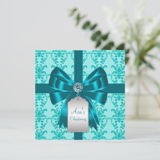 Blauwgroen Blauwe Damask Baby doop doop doopsel Kaart (Staand voorkant)