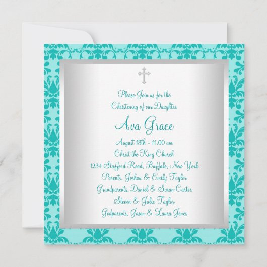 Blauwgroen Blauwe Damask Baby doop doop doopsel Kaart (Achterkant)