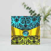 Blauwgroen BLAUWE DAMASKMONOGRAM VAN GEEL GOLD RIB Kaart (Staand voorkant)